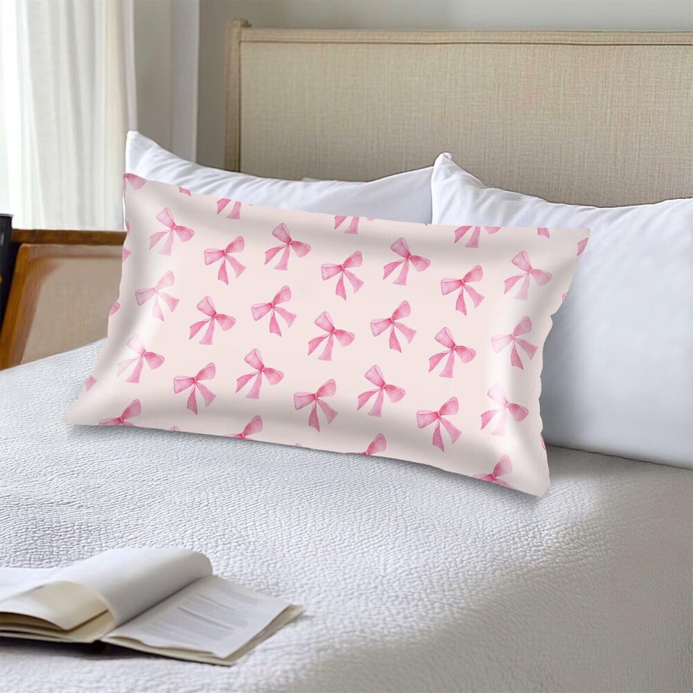 5924 Pink Ribbon Bow Silk Satin Pillowcase for Hair and Skin,Long Pillow